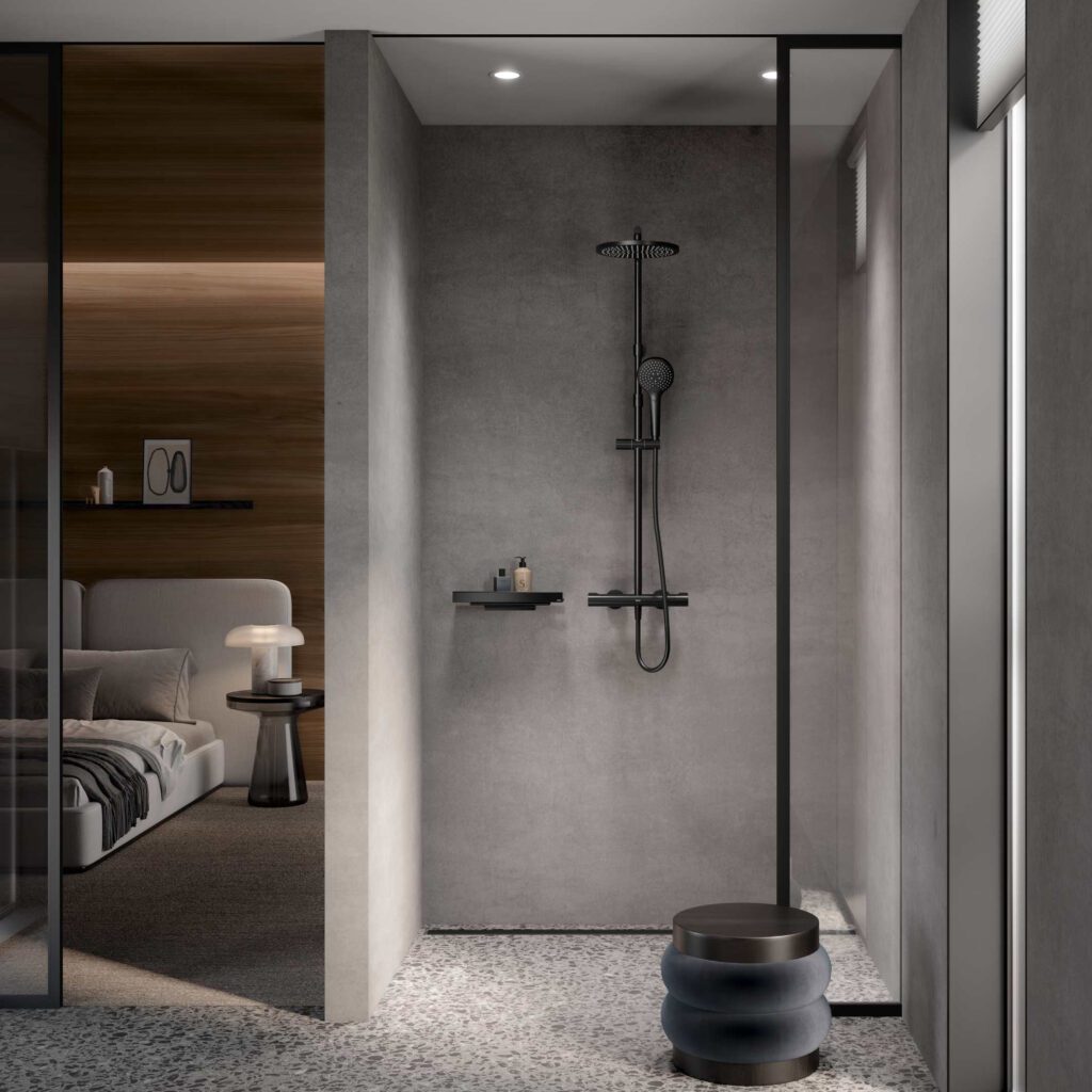 Slim PLAN blue series fittings and thermostat shower mixers by KEUCO